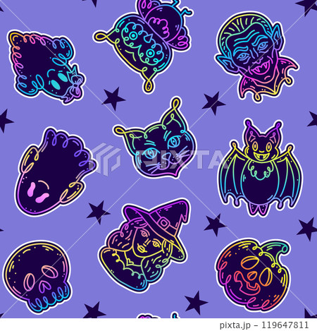 Seamless pattern with characters in doodle style on the theme of the Halloween holiday.  119647811