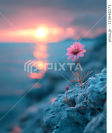 Beautiful pink cosmos flower on the background of the sea and sunset 119648571