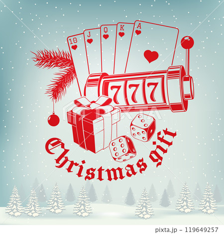 Lacky Christmas and Happy New Year stamp, sticker with horseshoe, slot machines, two dice, poker playing card, christmas gift. Vector. Vintage design for xmas, new year emblem in retro style. Lacky Christmas and Happy New Year stamp, sticker with horseshoe, slot machines, two dice, poker playing card, christmas gift. Vector. Vintage design for xmas, new year emblem in retro style. 119649257