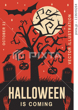 Halloween is coming poster concept. Halloween retro invitation template with tree, pumpkin on cemetery. Vector illustration 119649264