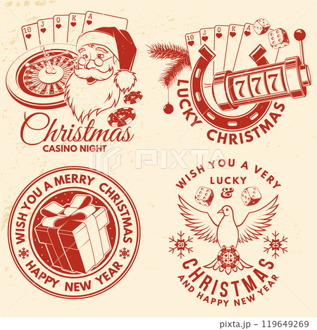 Set of Lucky Christmas casino night. Gambling vintage print, logo, badge design with santa claus, poker playing card, dove holding casino chips, classic casino play-roulette. Vector illustration. Set of Lucky Christmas casino night. Gambling vintage print, logo, badge design with santa claus, poker playing card, dove holding casino chips, classic casino play-roulette. Vector illustration. 119649269