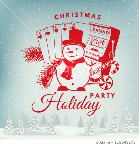 Christmas casino party holiday. Gambling vintage print, logo, badge design with snowman, poker playing card, slot machines, candy cane. Vector illustration. 119649278