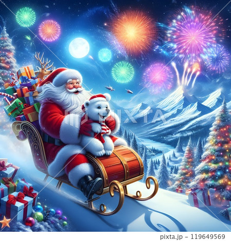 Santa Claus joyfully rides a polar bear pulling a sled full of gifts as vibrant fireworks light up the snowy sky. The winter mountains and snow-covered trees create a festive scene. 119649569