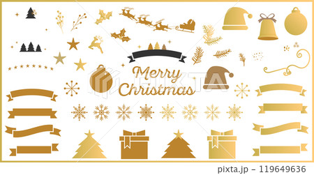 クリスマスのおしゃれな、あしらい素材セット テキスト無し、ベクタイラスト ゴールド フレーム 白背景 クリスマスのおしゃれな、あしらい素材セット テキスト無し、ベクタイラスト ゴールド フレーム 白背景 119649636