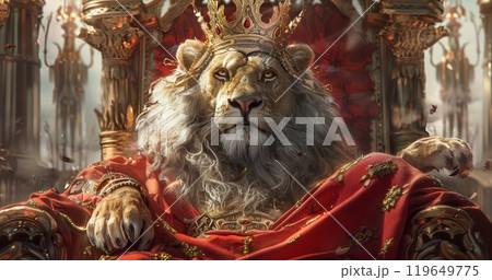 lion king in golden crown and on throne 119649775