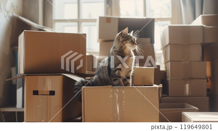 funny cute cat sitting in cardboard box 119649801
