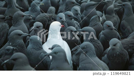 white bird between black and grey, standing out from the crowd, originality and uniqueness, one of a kind, different and extraordinary person concept 119649821