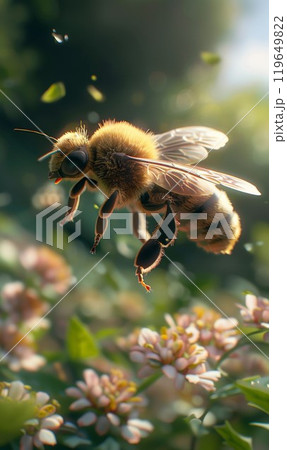 macro shot of bee flying over flowers and blossom 119649822