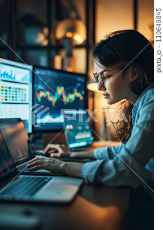 professional woman trader analyse stocks and cryptocurrency charts on laptop screen, female person trading forex or bitcoin with computer at home or office 119649845