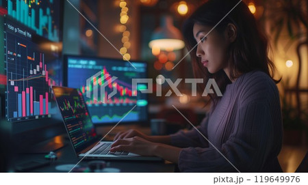 professional woman trader analyse stocks and cryptocurrency charts on laptop screen, female person trading forex or bitcoin with computer at home or office 119649976