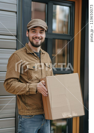 happy young delivery man with cardboard box looking at camera, courier with parcel happy young delivery man with cardboard box looking at camera, courier with parcel 119650073