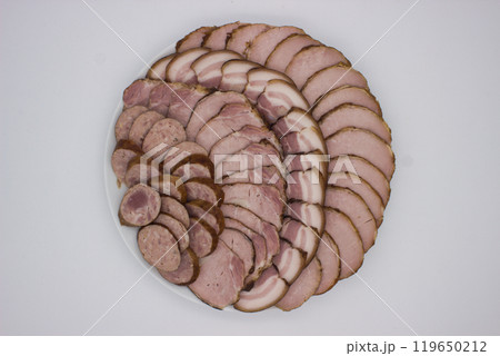 Gourmet platter of sliced smoked meats and sausages Gourmet platter of sliced smoked meats and sausages 119650212