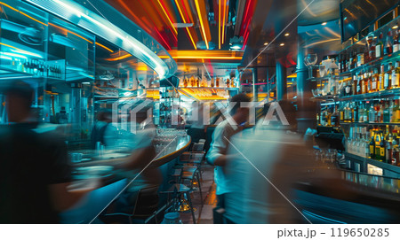 crowded restaurant or pub with people dining and waiters, bartender and chefs working, crowd drinking and eat in full bar or cafe, blurred motion 119650285