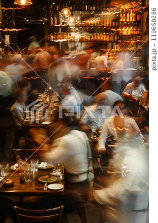 crowded restaurant or pub with people dining and waiters, bartender and chefs working, crowd drinking and eat in full bar or cafe, blurred motion 119650286
