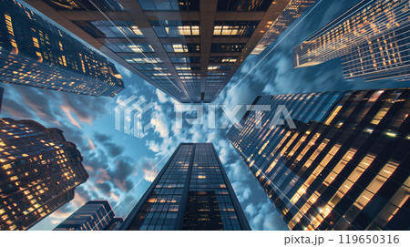 tall skyscrapers buildings looking up perspective, modern architecture of steel and glass, skyline of big city 119650316