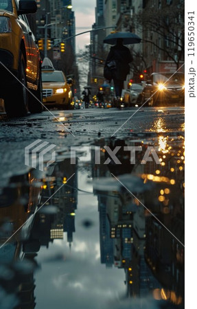 wet city road after rain closeup, puddles in asphalt of New York, pedestrians walking and cars driving wet city road after rain closeup, puddles in asphalt of New York, pedestrians walking and cars driving 119650341