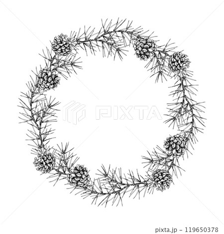 Detailed hand drawn vector wreath of pine branches and cones. Circular frame. Ideal for Christmas holiday designs, winter themes, invitations and seasonal decor 119650378