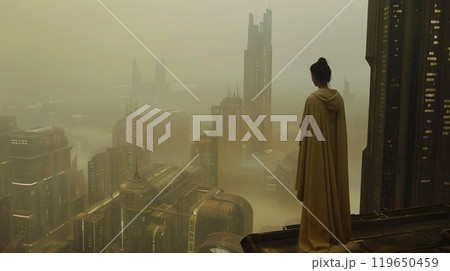 person standing on roof of skyscraper building and looking on dark futuristic utopian cyberpunk city, post apocalyptic world concept 119650459