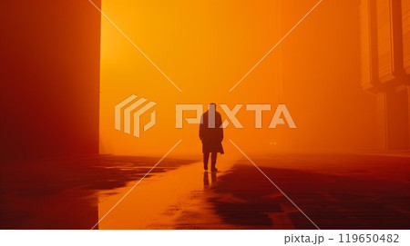man in dark futuristic cyberpunk city, person staying at street in anti utopia environment, fantasy and sci fi 119650482