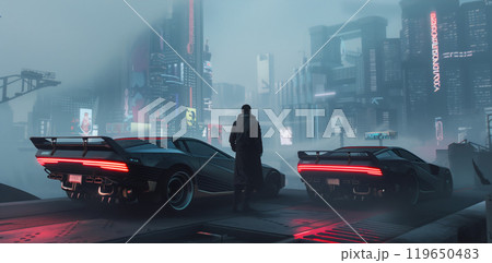 man standing in futuristic utopian cyberpunk city by two luxury racing sport cars, science fiction environment, dark future concept 119650483