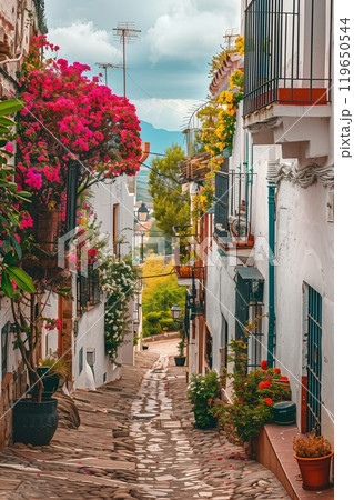 cozy street of old European town, white walls and colourful flowers, cosy Spanish or Italian narrow alley 119650544