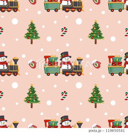 Vintage Christmas train pattern with snowman and gifts, adding classic holiday charm to seasonal designs. 119650581