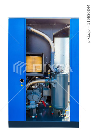 Powerful industrial air compressor with open housing revealing internal components 119650844