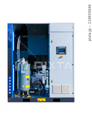 Modern industrial air compressor showing internal components and control panel 119650846
