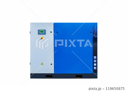Powerful industrial air compressor with control panel on white background Powerful industrial air compressor with control panel on white background 119650875