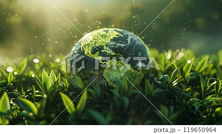 illustration of planet Earth globe in green leaves, responsible consumption and resources sustainability, balance of ecology and harmony with environment concept 119650964