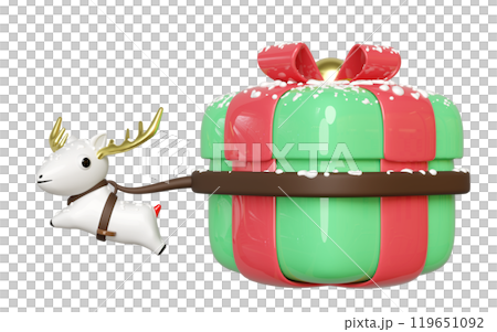 3d deer dragging a big gift box isolated. merry christmas, festive new year concept, 3d render illustration 3d deer dragging a big gift box isolated. merry christmas, festive new year concept, 3d render illustration 119651092