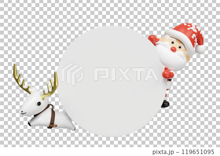 Santa claus and reindeer with round banner isolated. poster or happiness cards, merry christmas, festive New Year concept, 3d render illustration 119651095