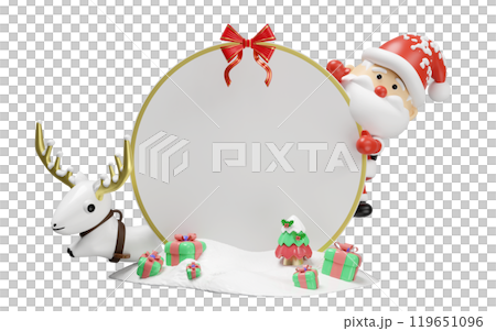 Santa claus and reindeer with round banner, bow, snow hill, gift box isolated. poster or happiness cards, merry christmas, festive New Year concept, 3d render illustration 119651096
