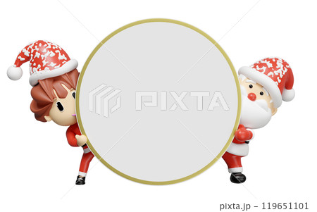 Santa claus and santa girl with round banner isolated on blue background. poster or happiness cards, merry christmas, festive New Year concept, 3d render illustration 119651101