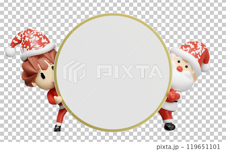 Santa claus and santa girl with round banner isolated on blue background. poster or happiness cards, merry christmas, festive New Year concept, 3d render illustration 119651101