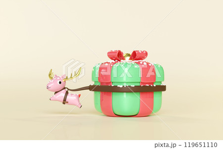 3d deer dragging a big gift box isolated on cream color background. merry christmas, festive new year concept, 3d render illustration 119651110