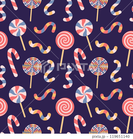 Seamless pattern of candies. Caramel stick, lollipop, candy cane on dark background. 119651140