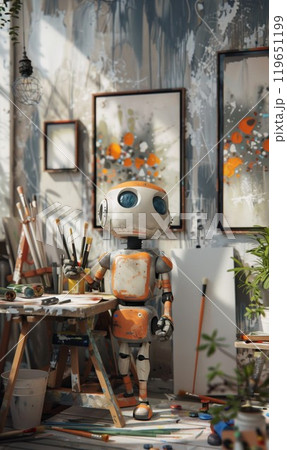 cute vintage robot painting picture in artistic studio, funny robotic cyborg artist drawing artwork on canvas, artificial intelligence concept 119651199