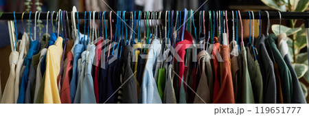Secondhand apparel hanging on rack Secondhand apparel hanging on rack 119651777