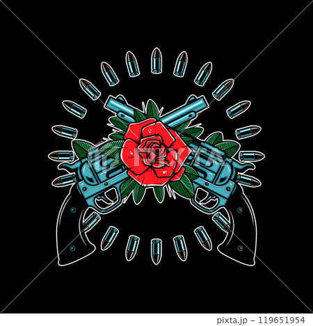 Crossed guns with roses. Design element for poster, card, banner, emblem, sign. Vector illustration 119651954