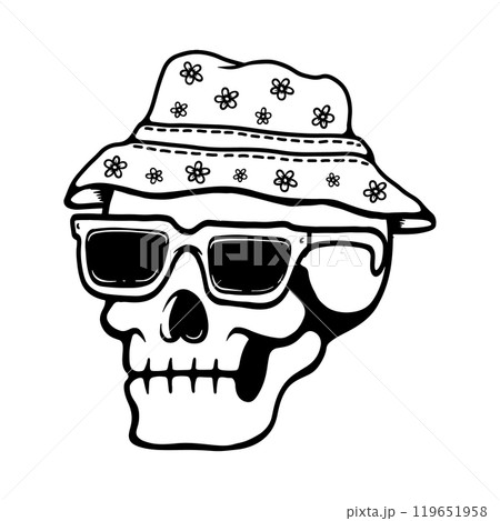 Illustration of skull in hat and sunglasses. Summer theme. Design element for poster, card, banner, emblem, sign. Vector illustration 119651958