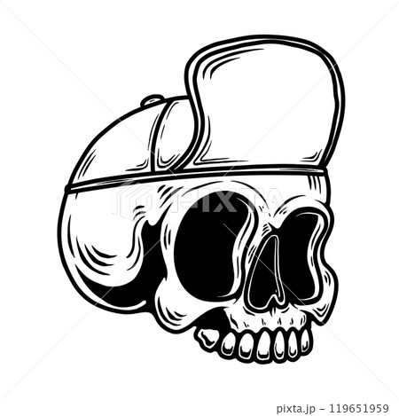 Illustration of a skull in skateboarder cap. Design element for poster, card, banner, sign. Vector illustration Illustration of a skull in skateboarder cap. Design element for poster, card, banner, sign. Vector illustration 119651959