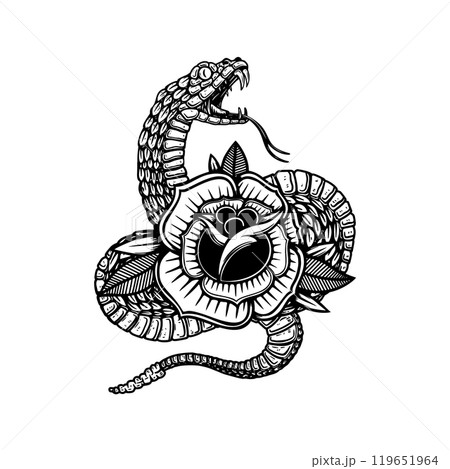 Snake on the background with roses. Design element for poster, t shirt, card, banner. Vector illustration Snake on the background with roses. Design element for poster, t shirt, card, banner. Vector illustration 119651964