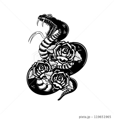 Snake on the background with roses. Design element for poster, t shirt, card, banner. Vector illustration Snake on the background with roses. Design element for poster, t shirt, card, banner. Vector illustration 119651965