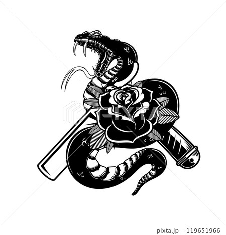 Illustration of the snake, barbers razor and roses. Design element for poster, t shirt, card, banner. Vector illustration Illustration of the snake, barbers razor and roses. Design element for poster, t shirt, card, banner. Vector illustration 119651966