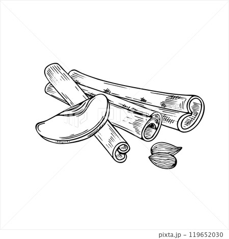 Almonds, apple slice and cinnamon sticks pile vector isolated illustration in black and white colors. Nuts with fruits, seasoning ingredients monochrome illustration for winter sweet desserts, drinks. Almonds, apple slice and cinnamon sticks pile vector isolated illustration in black and white colors. Nuts with fruits, seasoning ingredients monochrome illustration for winter sweet desserts, drinks. 119652030