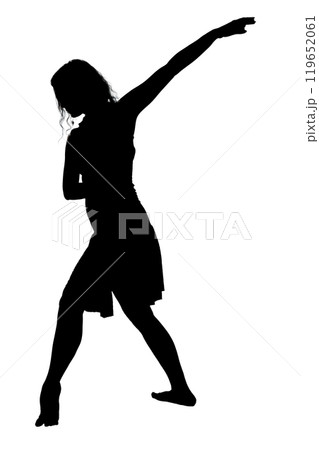 A striking silhouette of a woman gracefully dancing on a white background A striking silhouette of a woman gracefully dancing on a white background 119652061