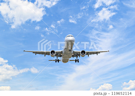 Passenger plane landing at the airport, under a blue sky with white clouds 119652114