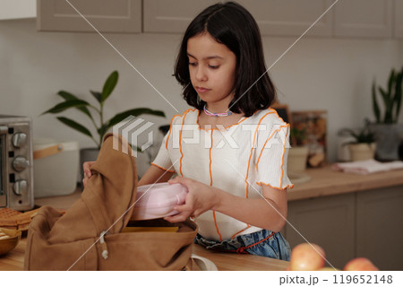 Young Girl Packing Lunch in Modern Kitchen 119652148