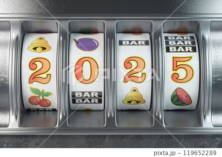 2025 Happy New Year in casino. Slot machine with jackpot number 2025. 3d illustration 2025 Happy New Year in casino. Slot machine with jackpot number 2025. 3d illustration 119652289
